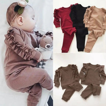 Newborn Baby Boys Girls Ruffles Jumper Solid Long Sleeve Sweatshirt Tops Pants Infant Kids 2Pcs Outfits Clothes Set Fall Clothes bigdil