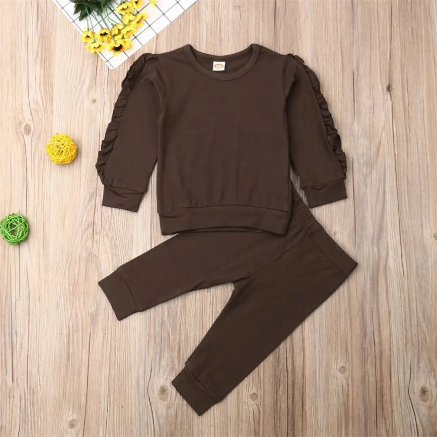 Newborn Baby Boys Girls Ruffles Jumper Solid Long Sleeve Sweatshirt Tops Pants Infant Kids 2Pcs Outfits Clothes Set Fall Clothes bigdil